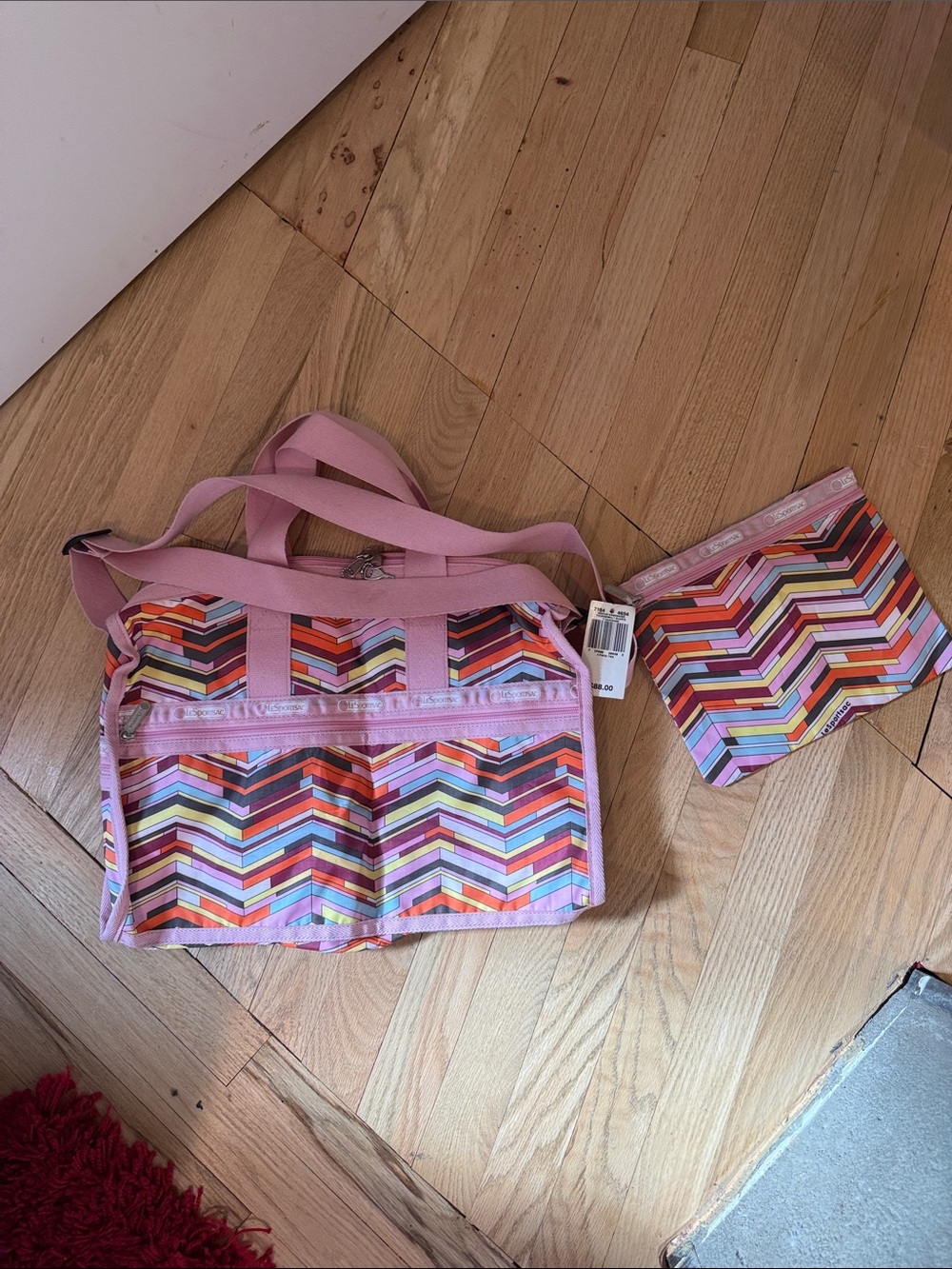 Retro LeSportsac Pink Chevron-Print Medium Weekender Bag with Matching Pouch